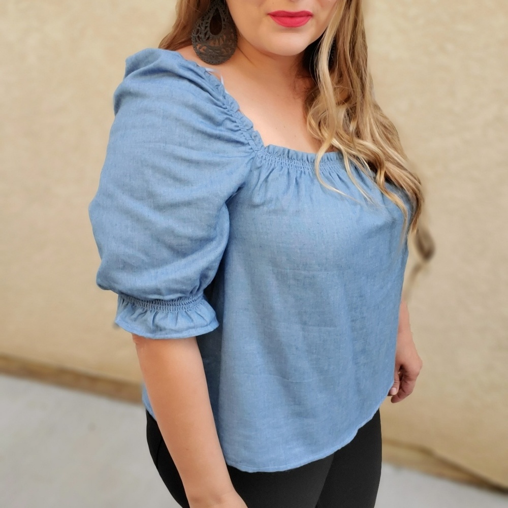 Chambray Square Neck Puff Sleeve Top